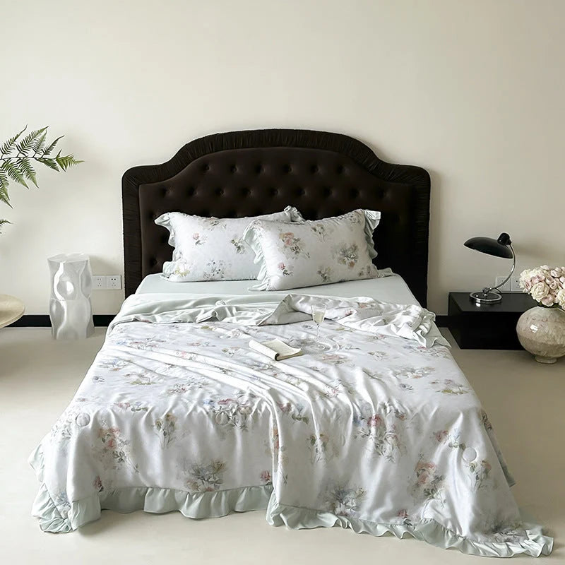 Bedding Set Satin Watercolor Floral Ruffle Trim 4-Piece