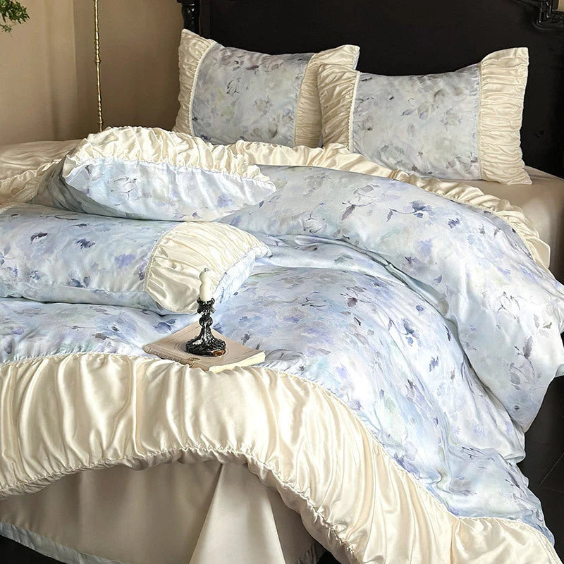 Bedding Set Satin Watercolor Floral Ruffled Pillowcases 4-Piece Set