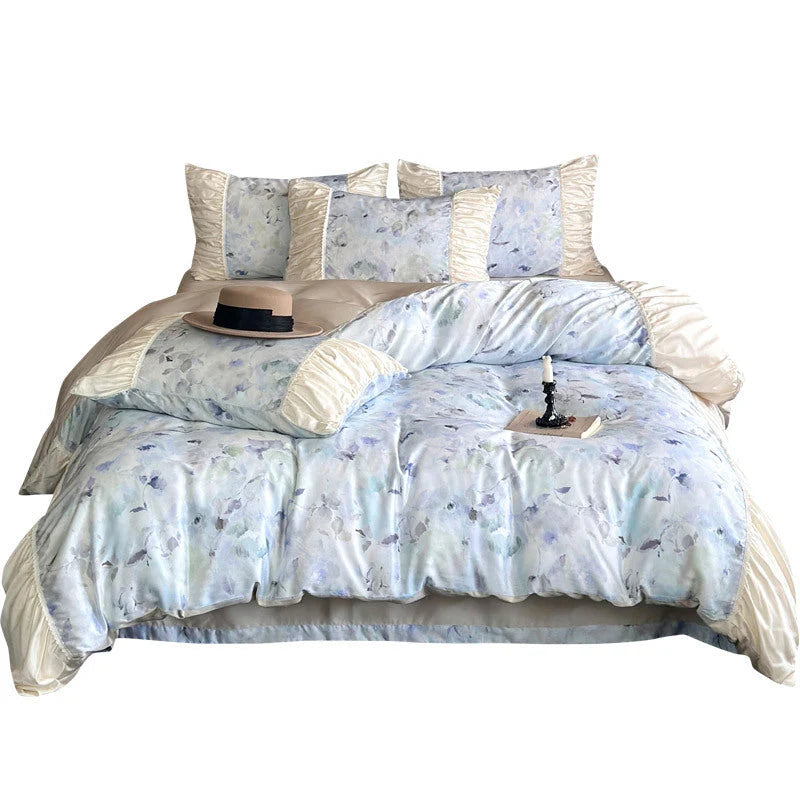 Bedding Set Satin Watercolor Floral Ruffled Pillowcases 4-Piece Set