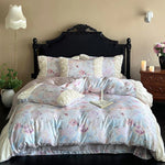 Bedding Set Satin Watercolor Floral Ruffled Pillowcases 4-Piece Set