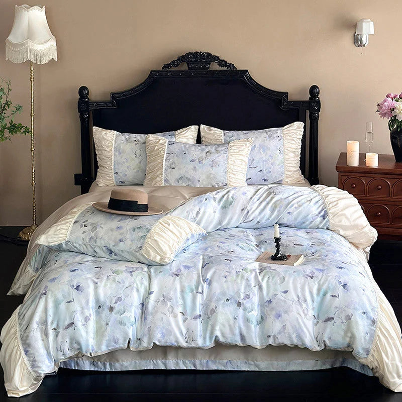 Bedding Set Satin Watercolor Floral Ruffled Pillowcases 4-Piece Set