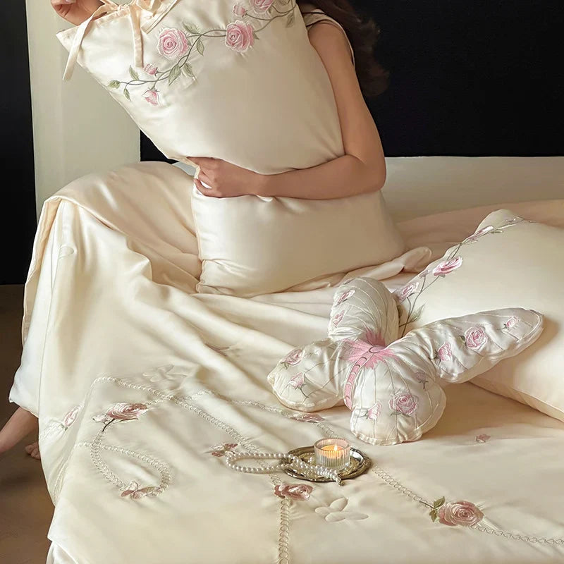 Bedding Set Silk-Soft Satin Embroidered Rose Vine & Butterfly Pillow