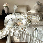Bedding Set Silky Cotton Satin Floral Ruffle 4-Piece