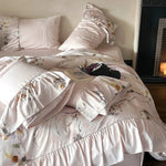 Bedding Set Silky Cotton Satin Floral Ruffle 4-Piece
