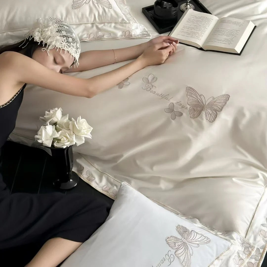 Bedding Set Silky Matte Satin Embroidered Set of 4