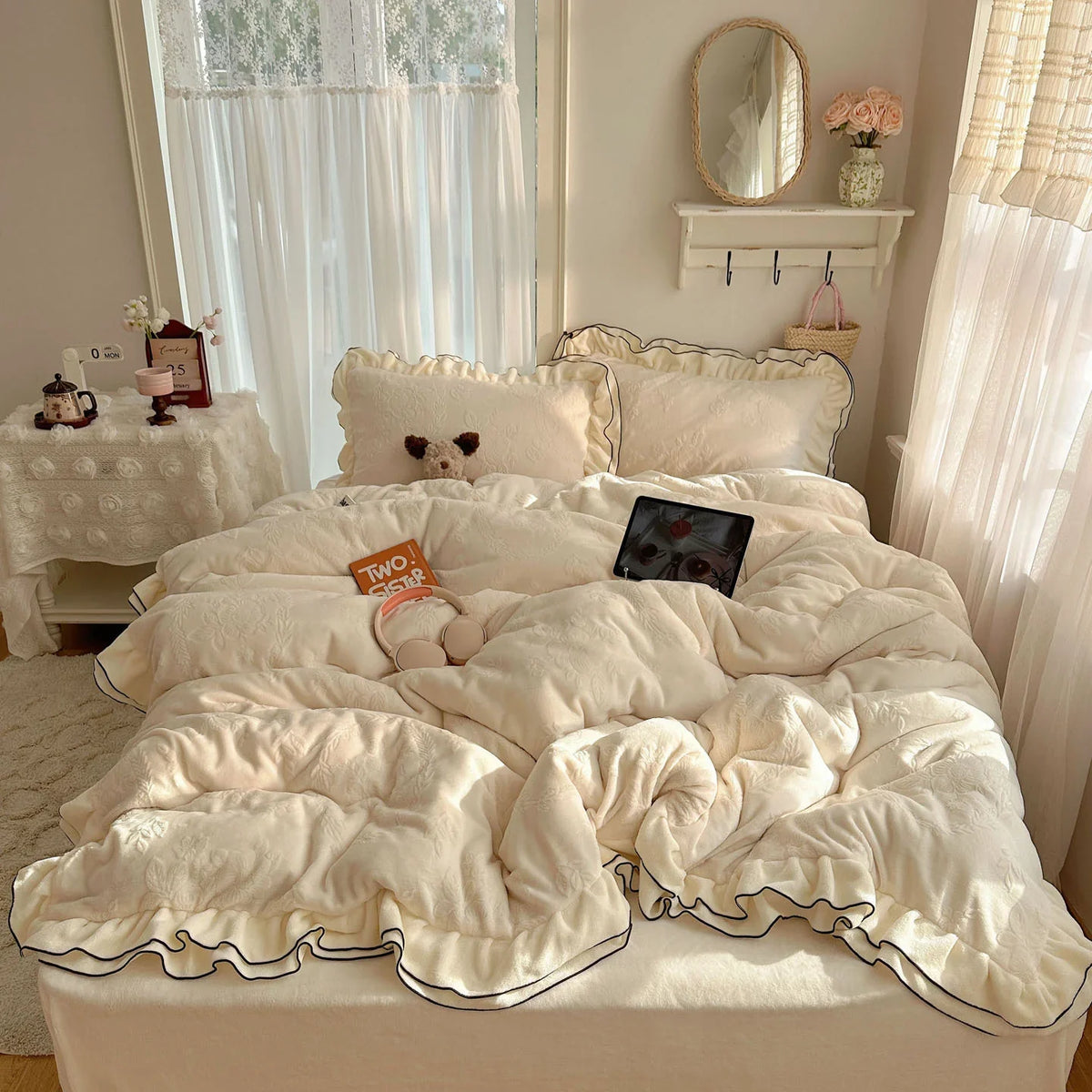 Bedding Set Silky Milk Fiber Double-Layer Lace Edge