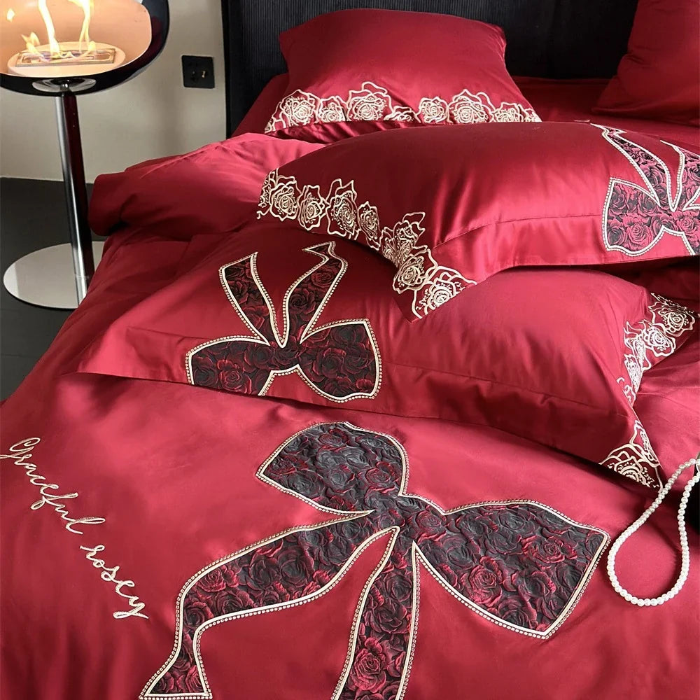 Bedding Set Silky Satin All-Season Rose & Bow Embroidery