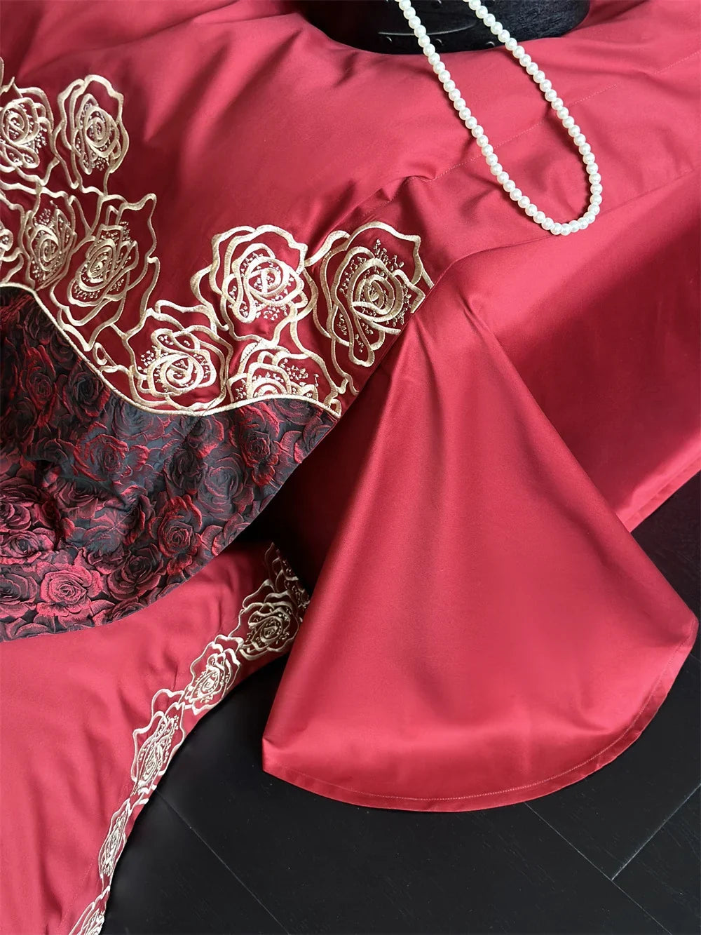Bedding Set Silky Satin All-Season Rose & Bow Embroidery