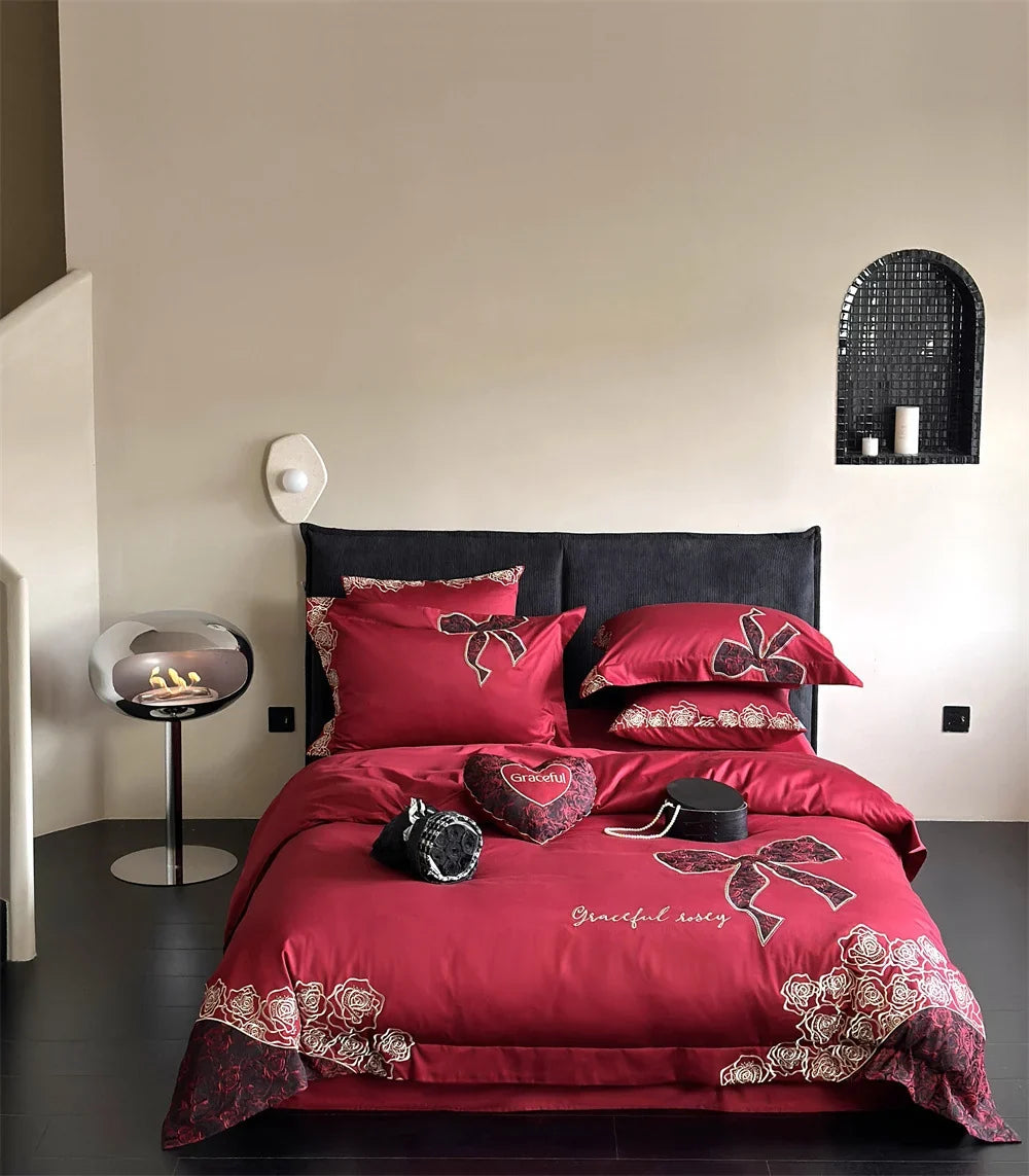 Bedding Set Silky Satin All-Season Rose & Bow Embroidery