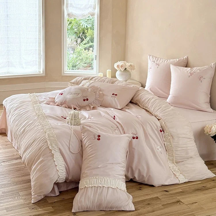 Bedding Set Silky Satin Cherry Embroidery 4-Piece