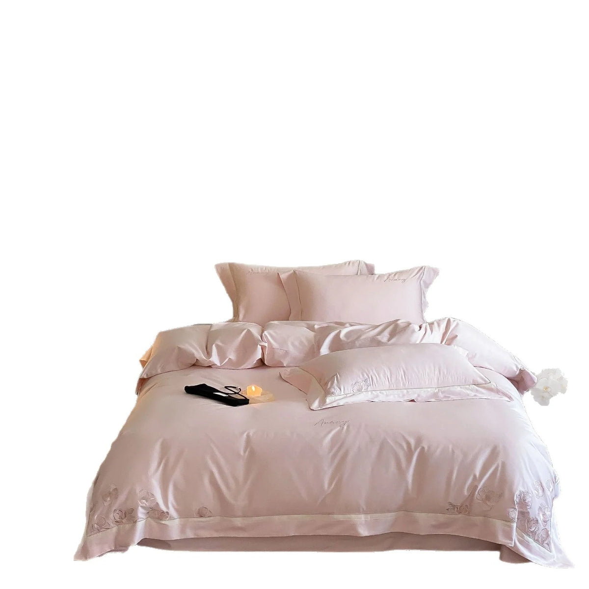 Bedding Set Silky Satin Embroidered Rose Border 4-Piece Set