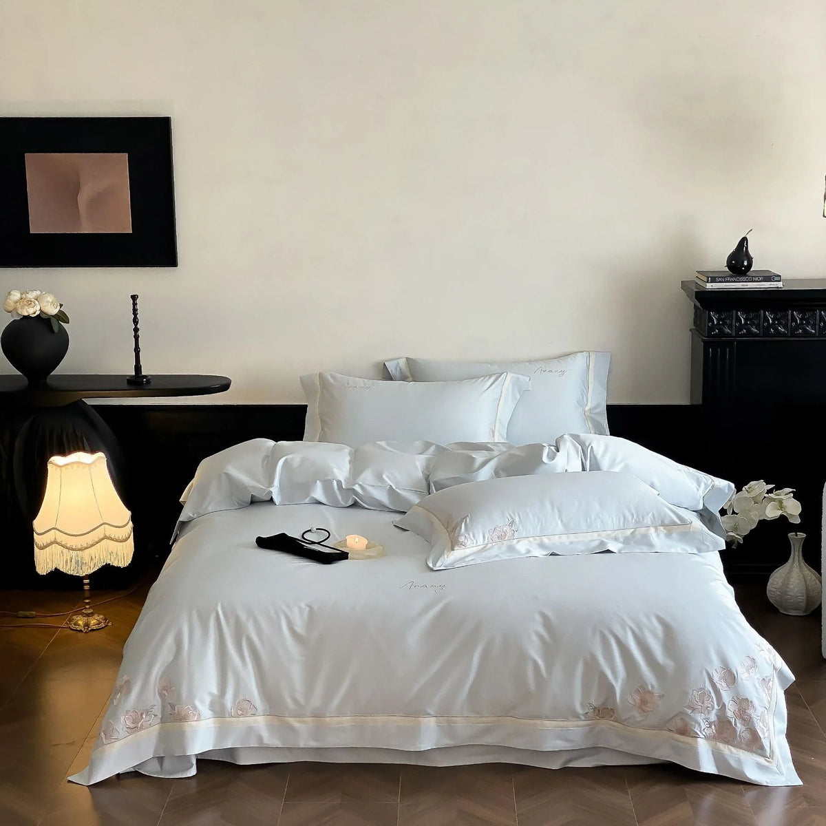 Bedding Set Silky Satin Embroidered Rose Border 4-Piece Set