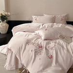 Bedding Set Silky Satin Floral Embroidery & Ribbon Ties