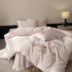 Bedding Set Silky Satin Floral Embroidery & Ribbon Ties