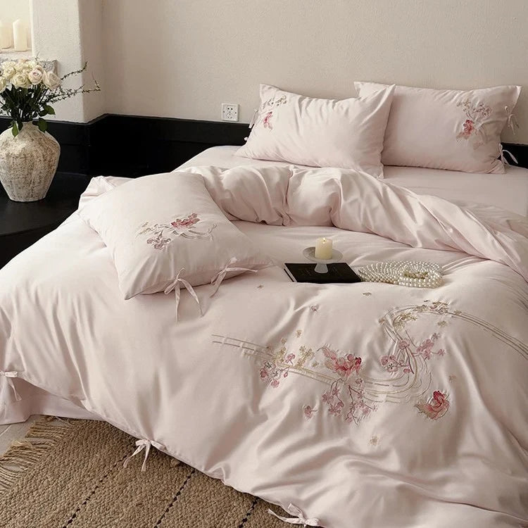 Bedding Set Silky Satin Floral Embroidery & Ribbon Ties
