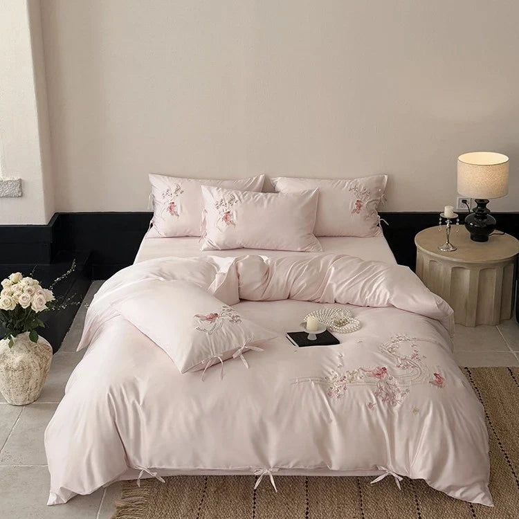 Bedding Set Silky Satin Floral Embroidery & Ribbon Ties