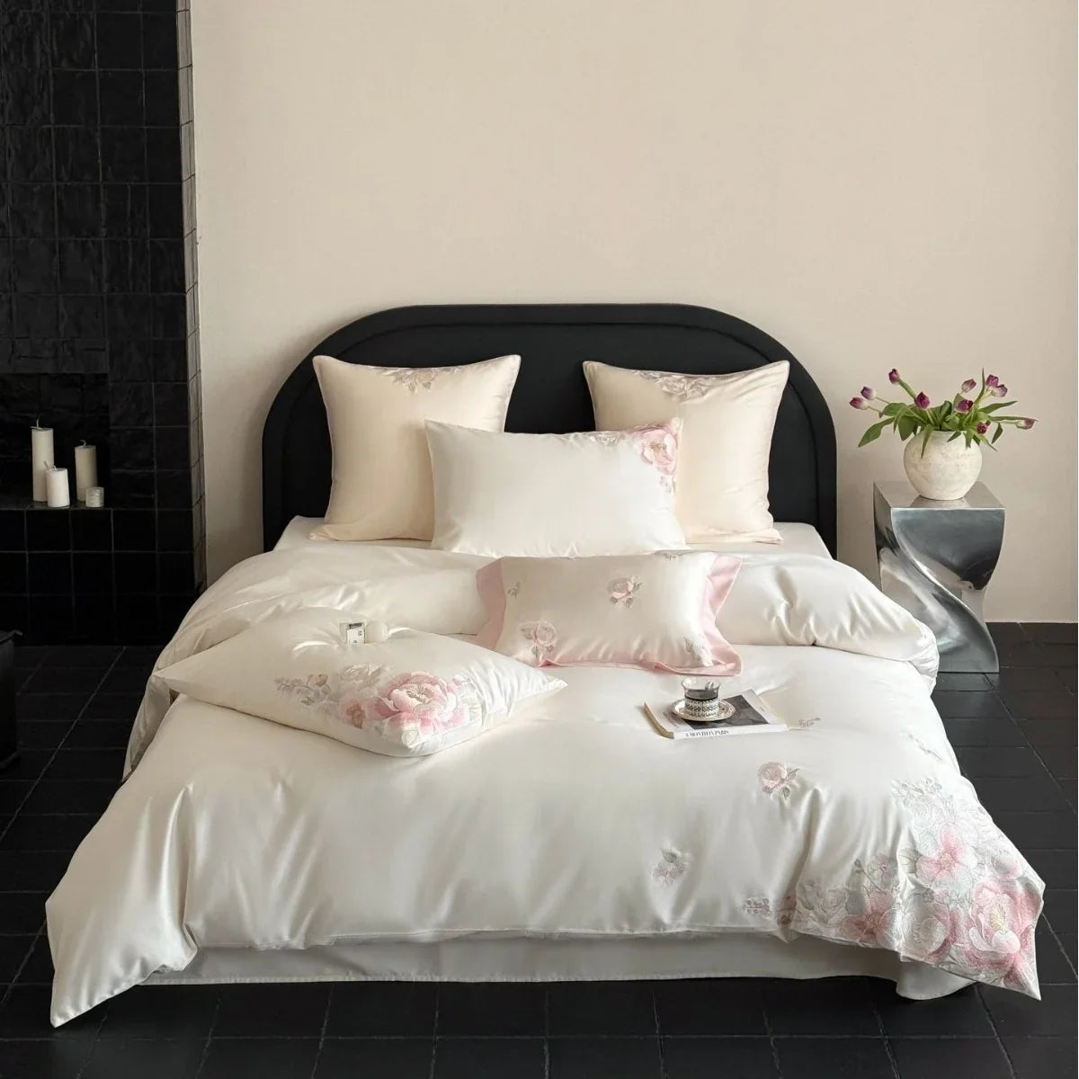 Bedding Set Silky Satin Floral Relief 4 Piece