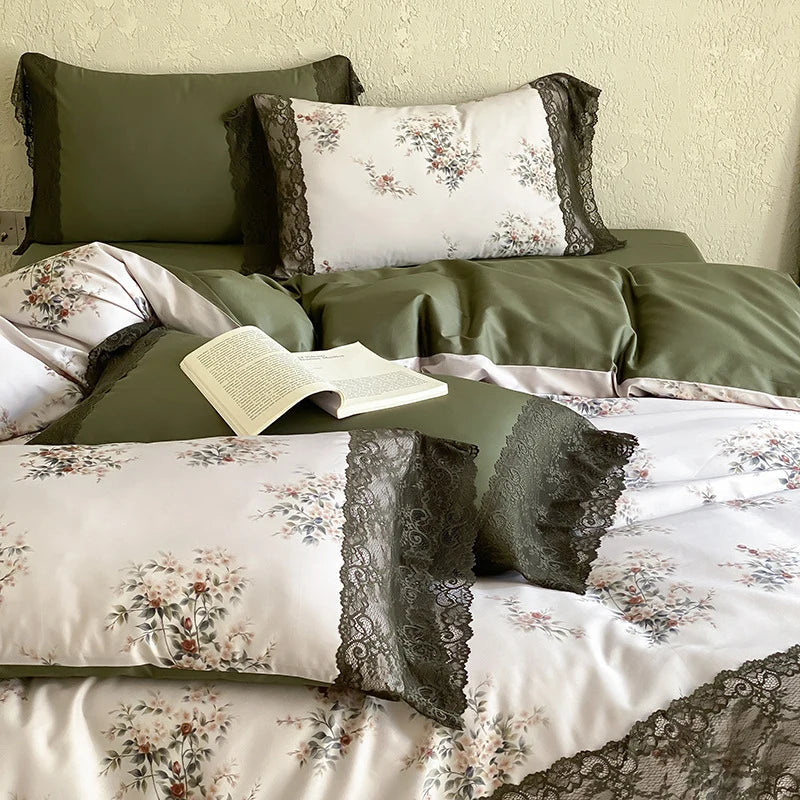 Bedding Set Silky Satin Reversible Floral & Lace