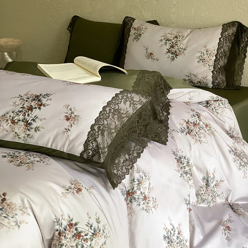 Bedding Set Silky Satin Reversible Floral & Lace