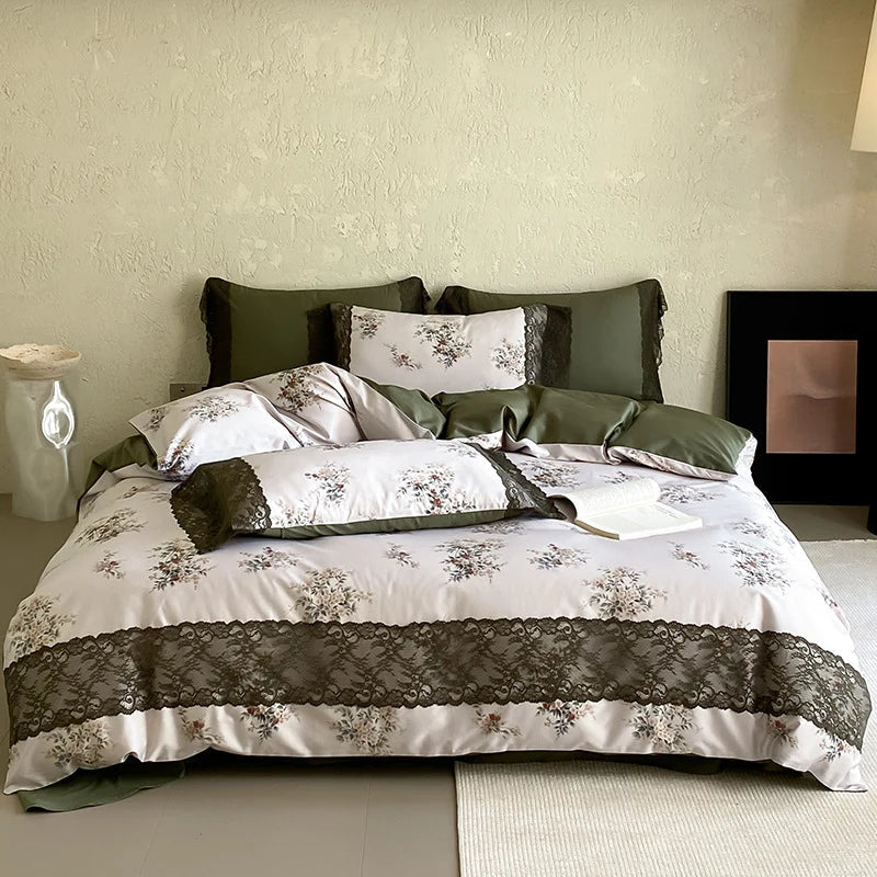 Bedding Set Silky Satin Reversible Floral & Lace