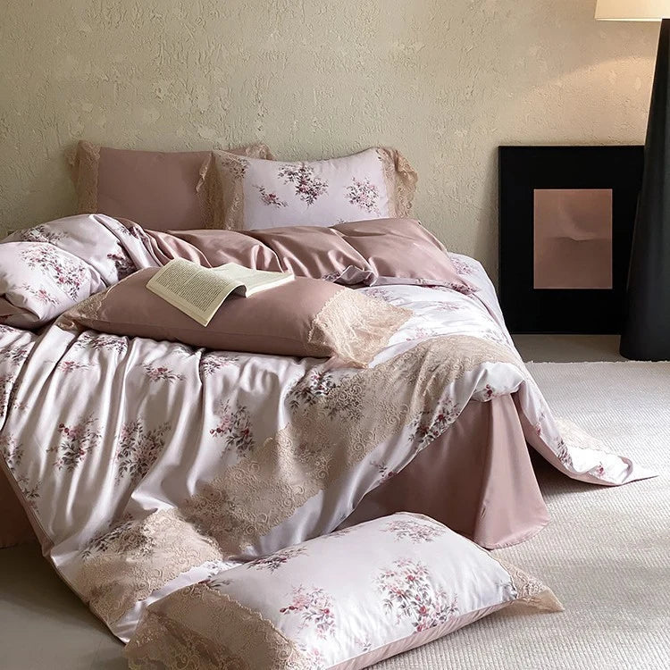 Bedding Set Silky Satin Reversible Floral & Lace