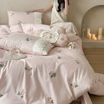 Bedding Set Soft Breathable Cotton Rose Embroidery & Ruffle Trim