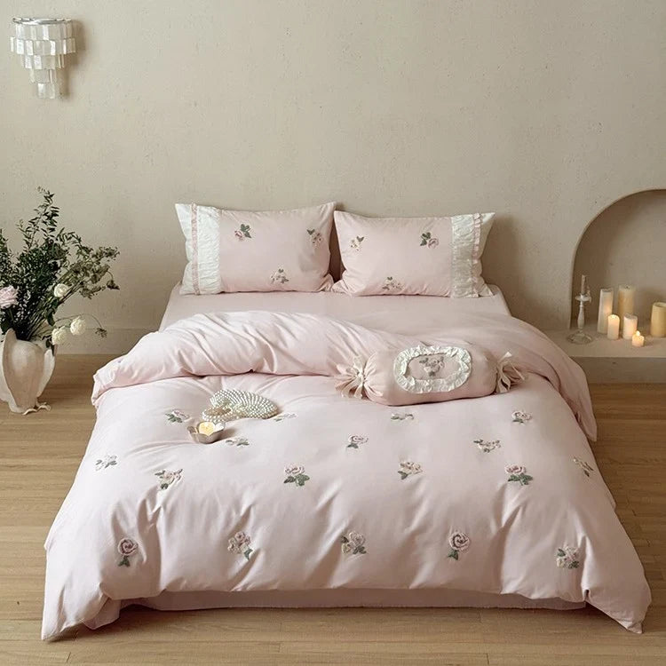 Bedding Set Soft Breathable Cotton Rose Embroidery & Ruffle Trim