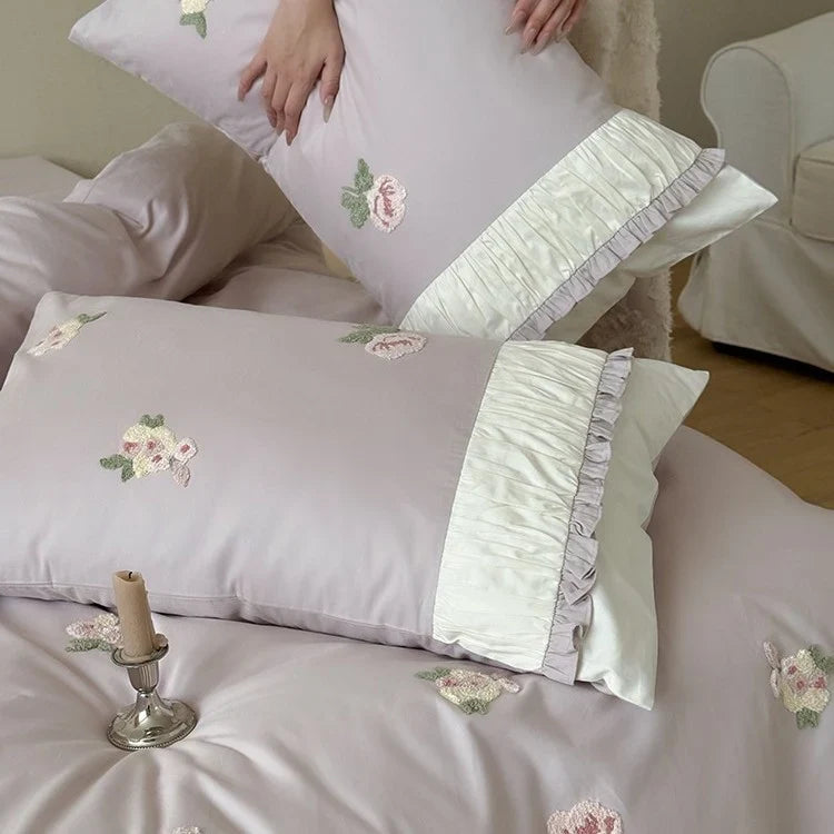Bedding Set Soft Breathable Cotton Rose Embroidery & Ruffle Trim