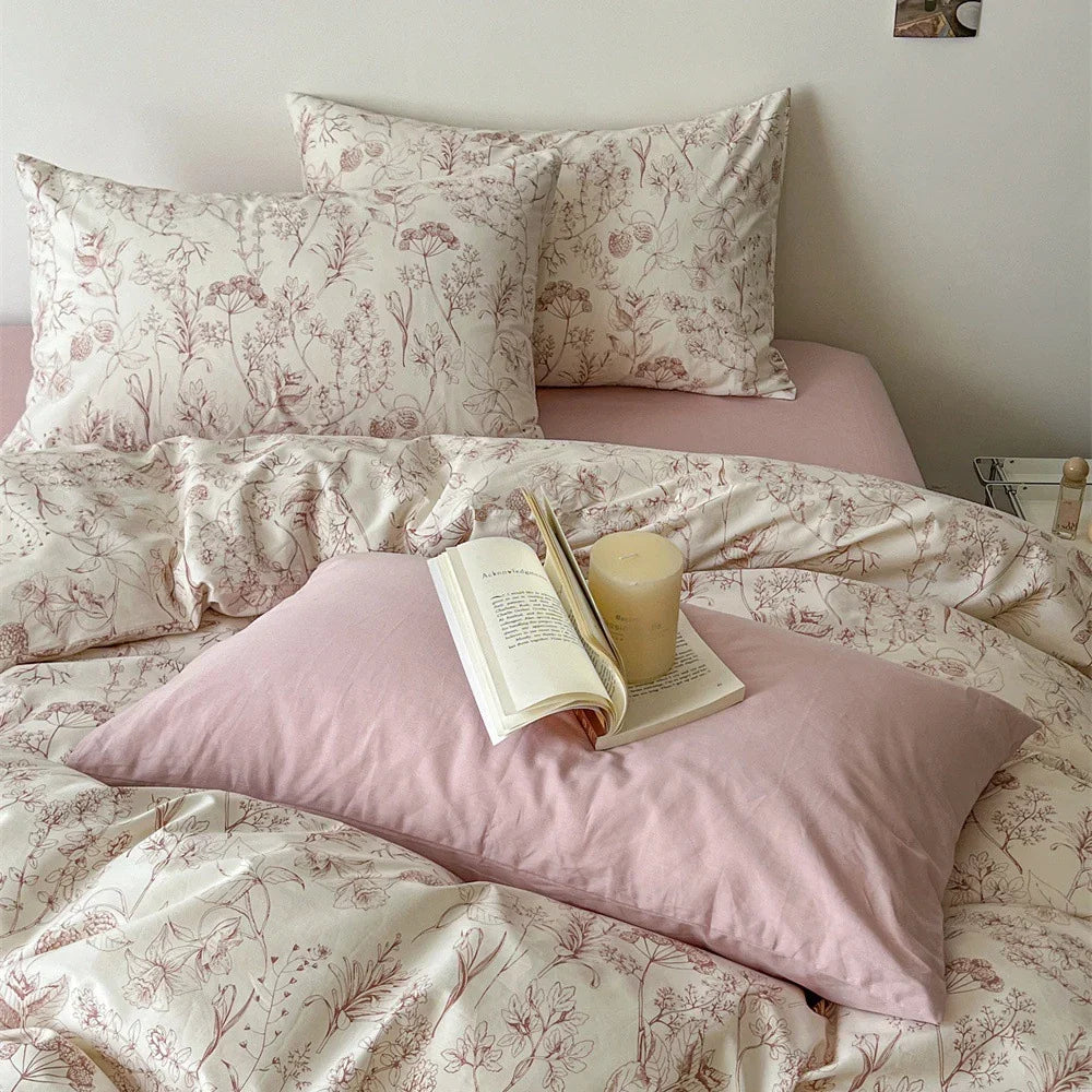 Bedding Set Soft Cotton Satin Botanical Sketch 4-Piece