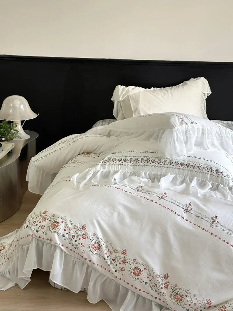 Bedding Set Soft Washed Cotton Floral Embroidery & Ruffled Edges