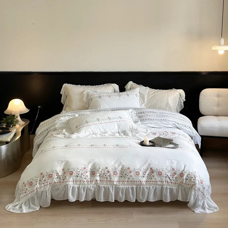 Bedding Set Soft Washed Cotton Floral Embroidery & Ruffled Edges