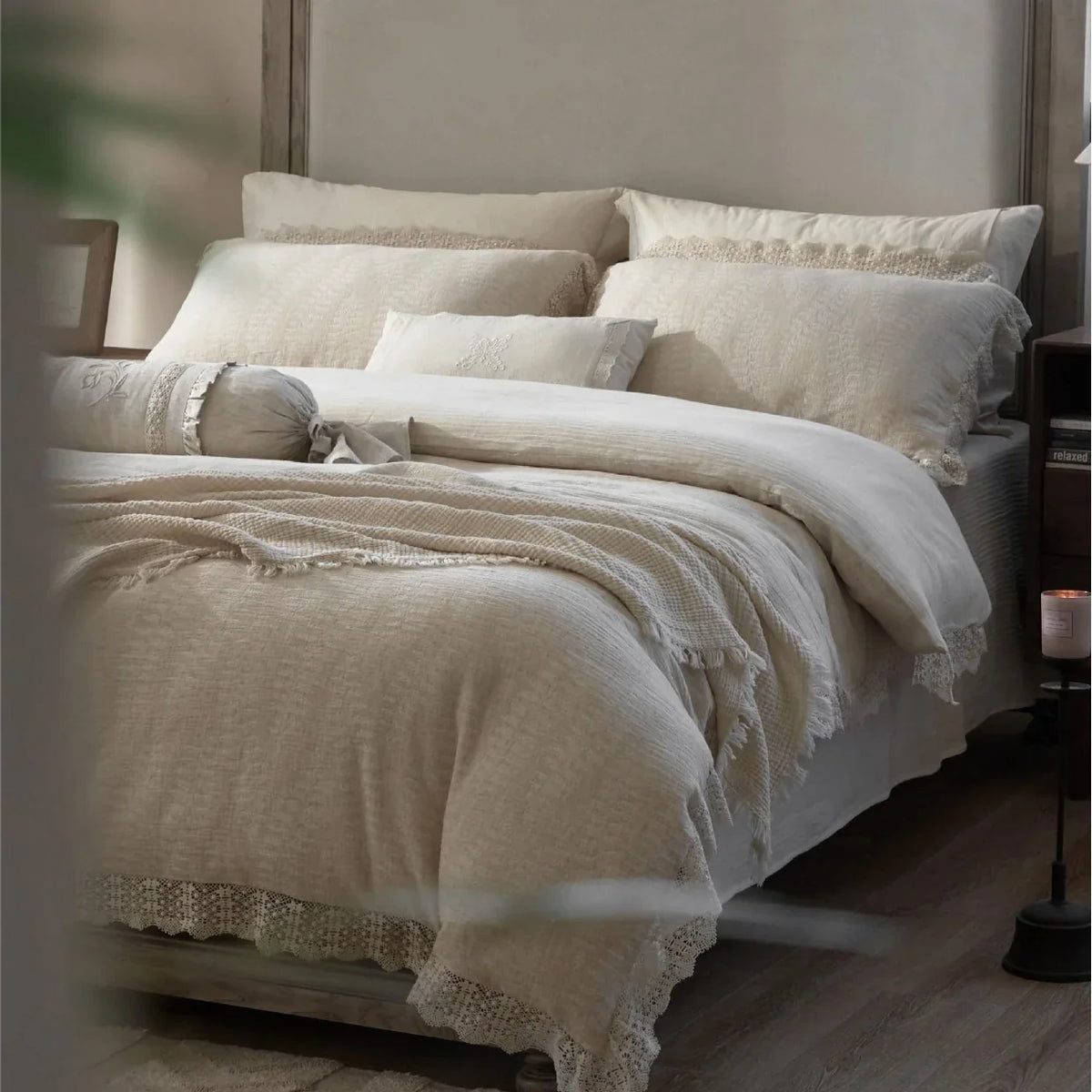 Bedding Set Soft-Washed Linen-Cotton Crochet Edge 4-Piece