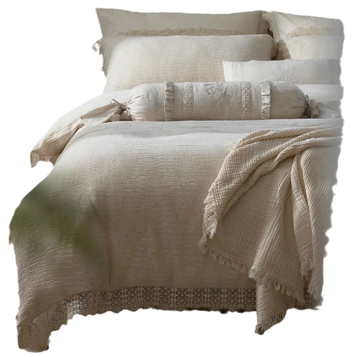 Bedding Set Soft-Washed Linen-Cotton Crochet Edge 4-Piece