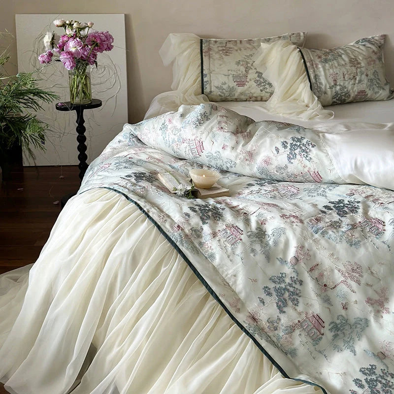 Bedding Set Tencel-Cotton Toile Print Ruffled Bed Skirt 4-Piece