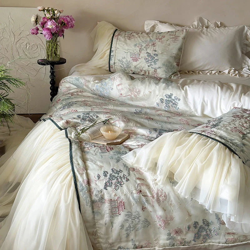 Bedding Set Tencel-Cotton Toile Print Ruffled Bed Skirt 4-Piece