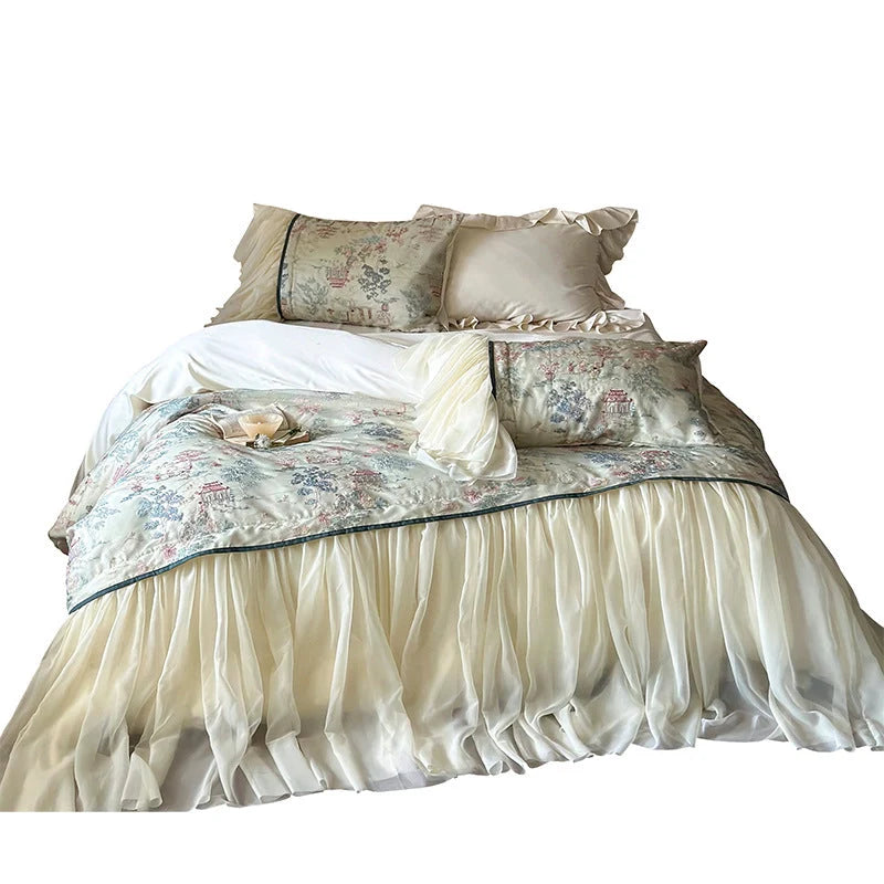 Bedding Set Tencel-Cotton Toile Print Ruffled Bed Skirt 4-Piece