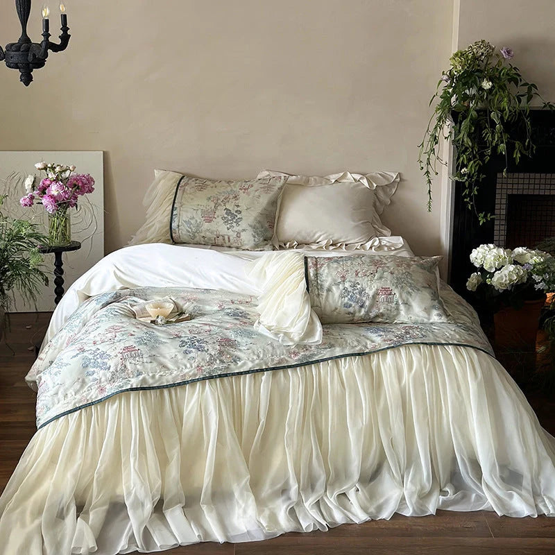 Bedding Set Tencel-Cotton Toile Print Ruffled Bed Skirt 4-Piece