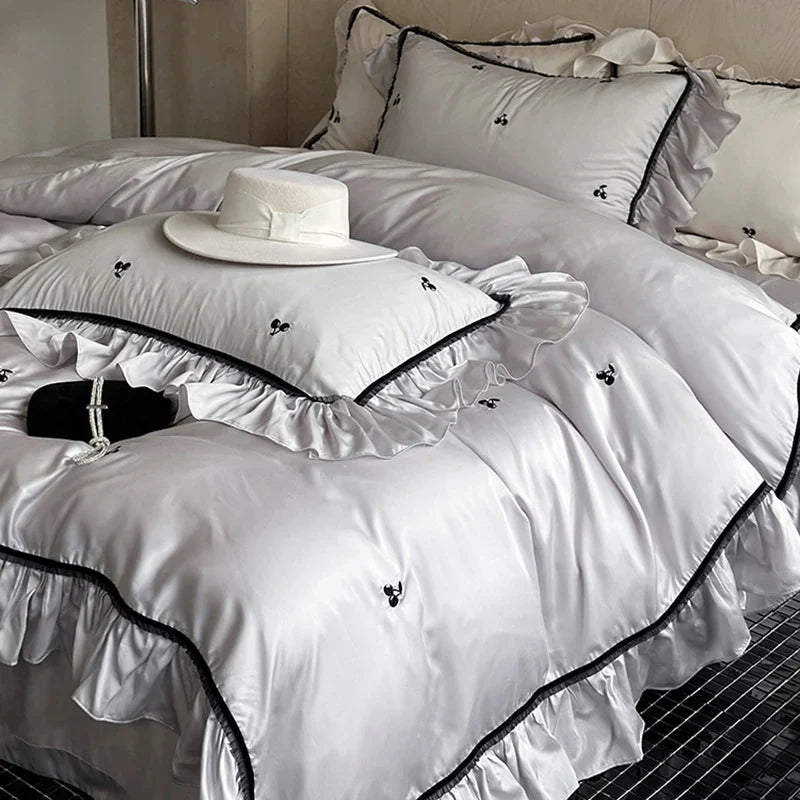 Bedding Set Thermoregulating Satin Ruffled Trim & Cherry Embroidery