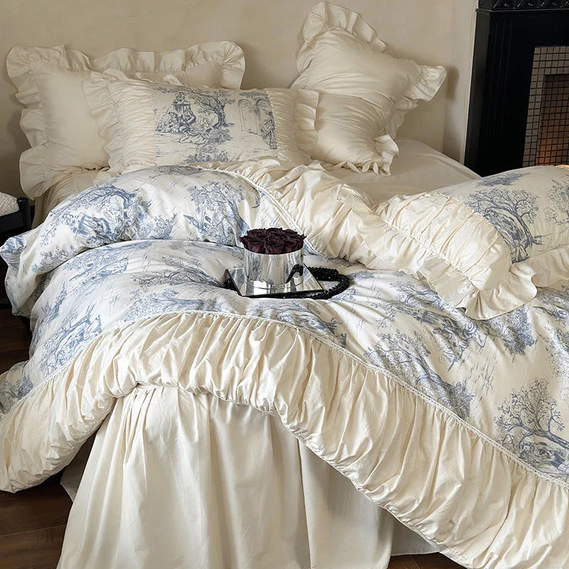 Bedding Set Toile Landscape Print Ruffled Cotton Blend