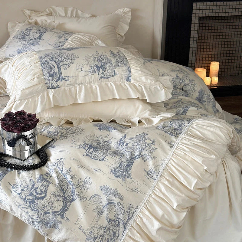Bedding Set Toile Landscape Print Ruffled Cotton Blend