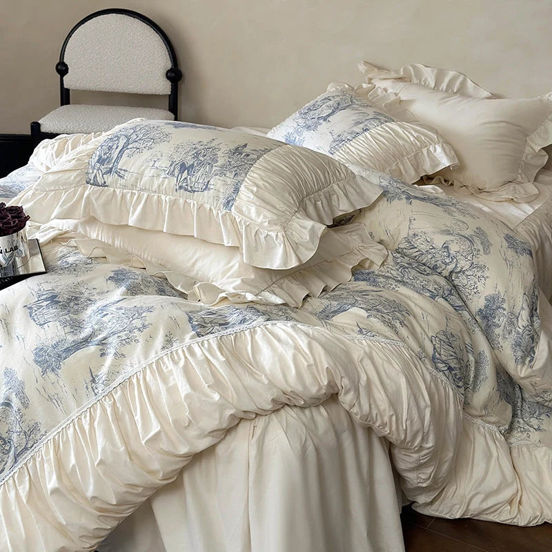 Bedding Set Toile Landscape Print Ruffled Cotton Blend