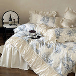 Bedding Set Toile Landscape Print Ruffled Cotton Blend