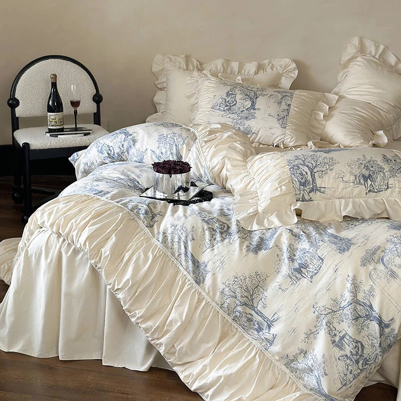 Bedding Set Toile Landscape Print Ruffled Cotton Blend