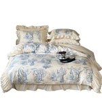 Bedding Set Toile Landscape Print Ruffled Cotton Blend