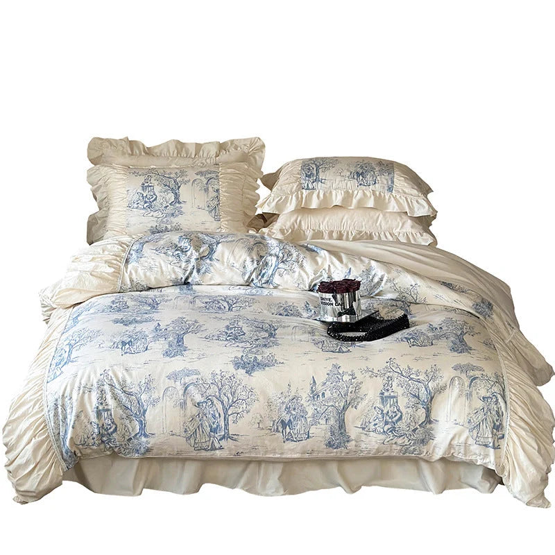 Bedding Set Toile Landscape Print Ruffled Cotton Blend