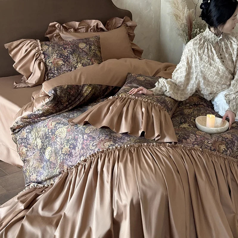 Bedding Set Tonal Floral Jacquard Ruffle Trim 4-Piece