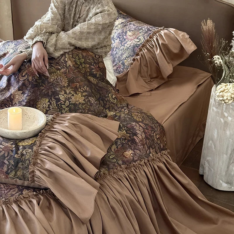 Bedding Set Tonal Floral Jacquard Ruffle Trim 4-Piece
