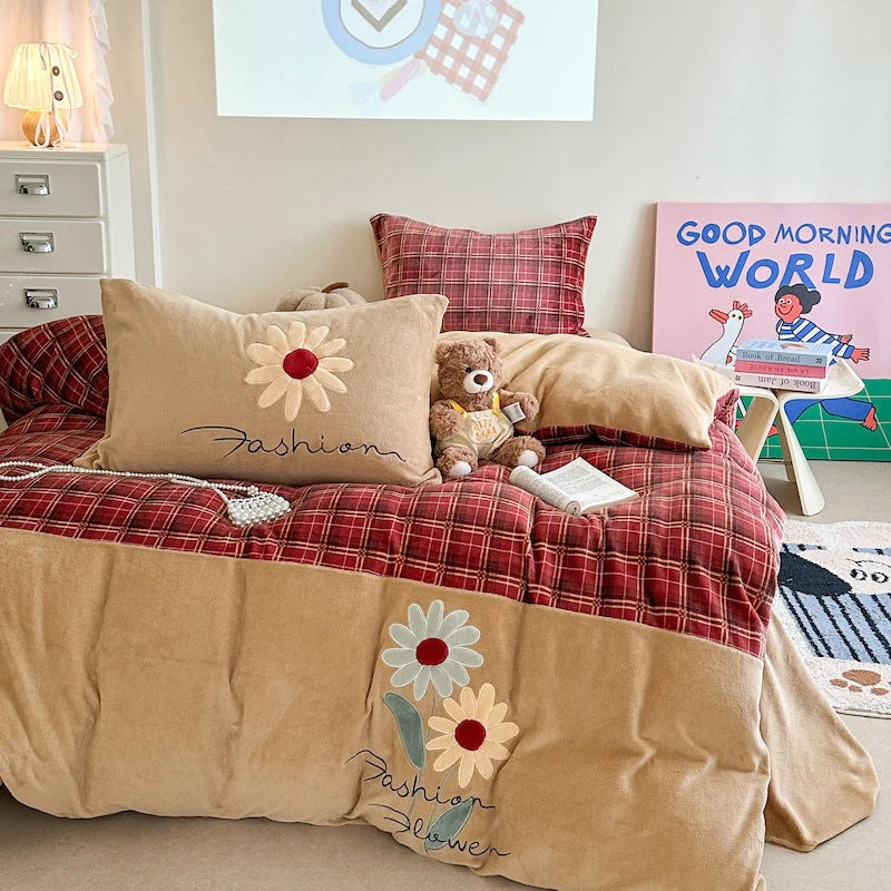 Bedding Set Velvet-Textured Quilted Check Machine-Washable
