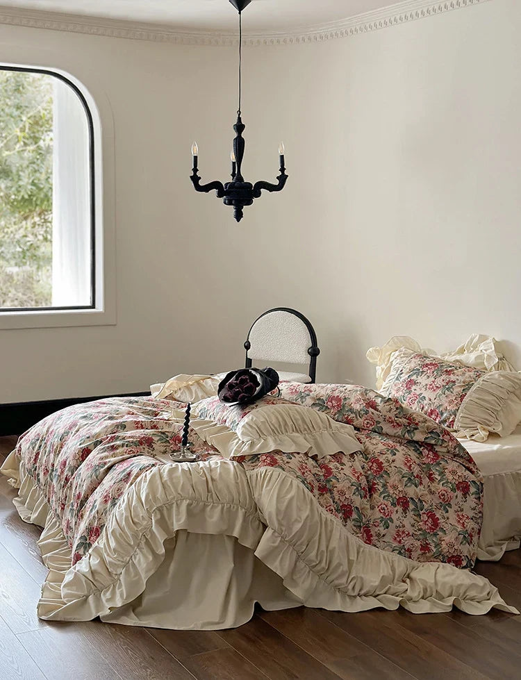Bedding Set Victorian Floral Cotton Blend Ruffle Detail