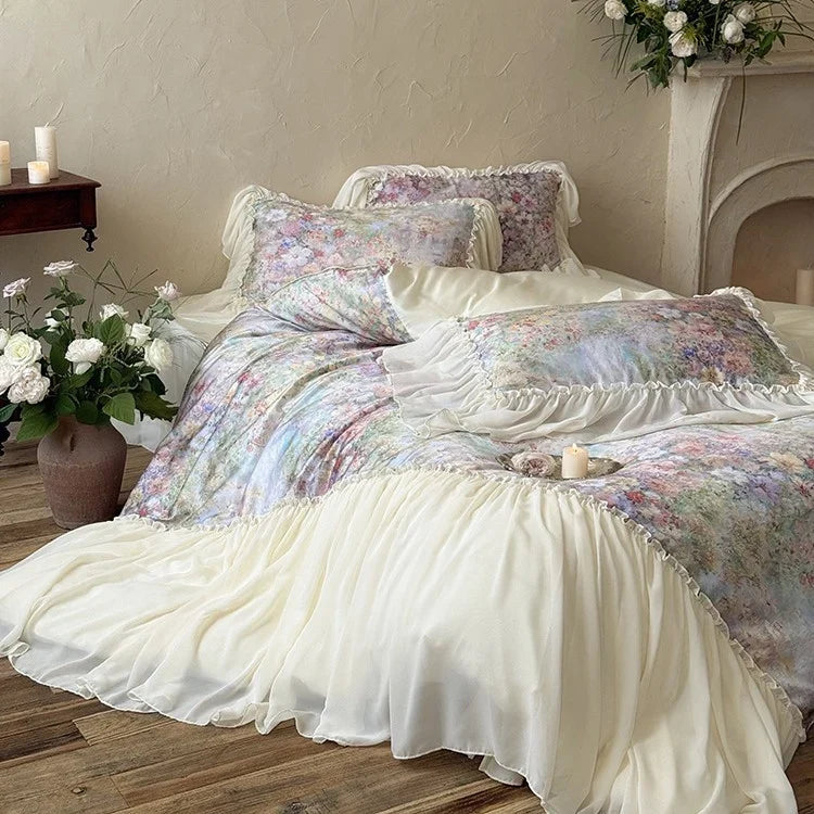Bedding Set Watercolor Floral Gathered Ruffle